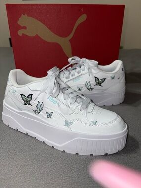Puma White Leather Platform Sneakers with Blue & Black Butterfly Accents